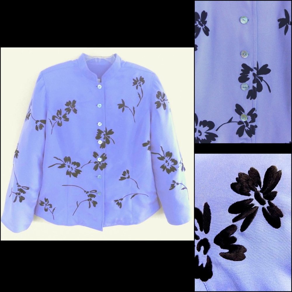 Pure silk jacket S Lilac purple Black flowers Embossed Mandarin collar Asian